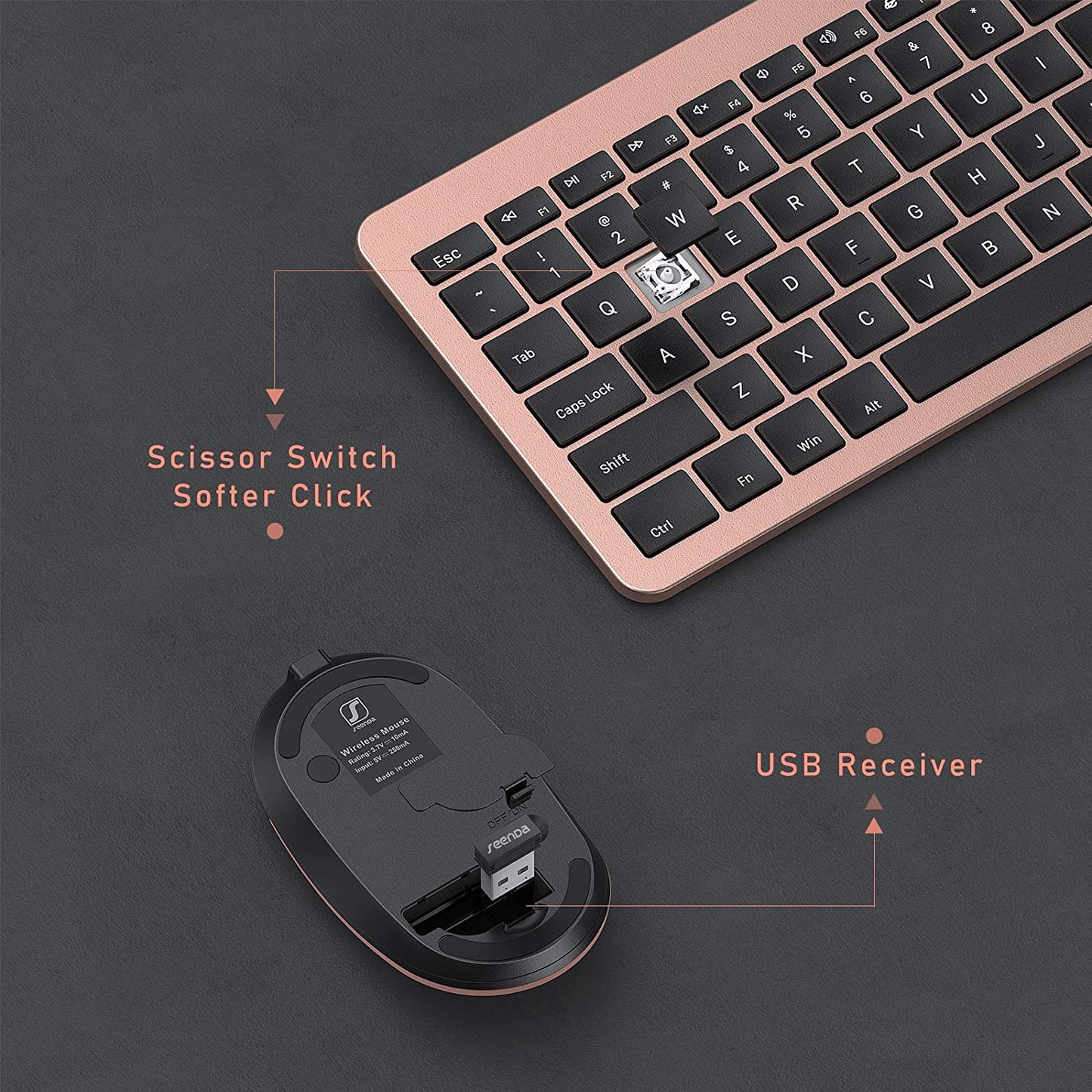 Rechargeable Wireless Keyboard Mouse Combo Full Size Cordless Keyboard & Mouse Sets with Build-In Lithium Battery Ultra Thin Quiet Keyboard Mice (Black and Rose Gold)