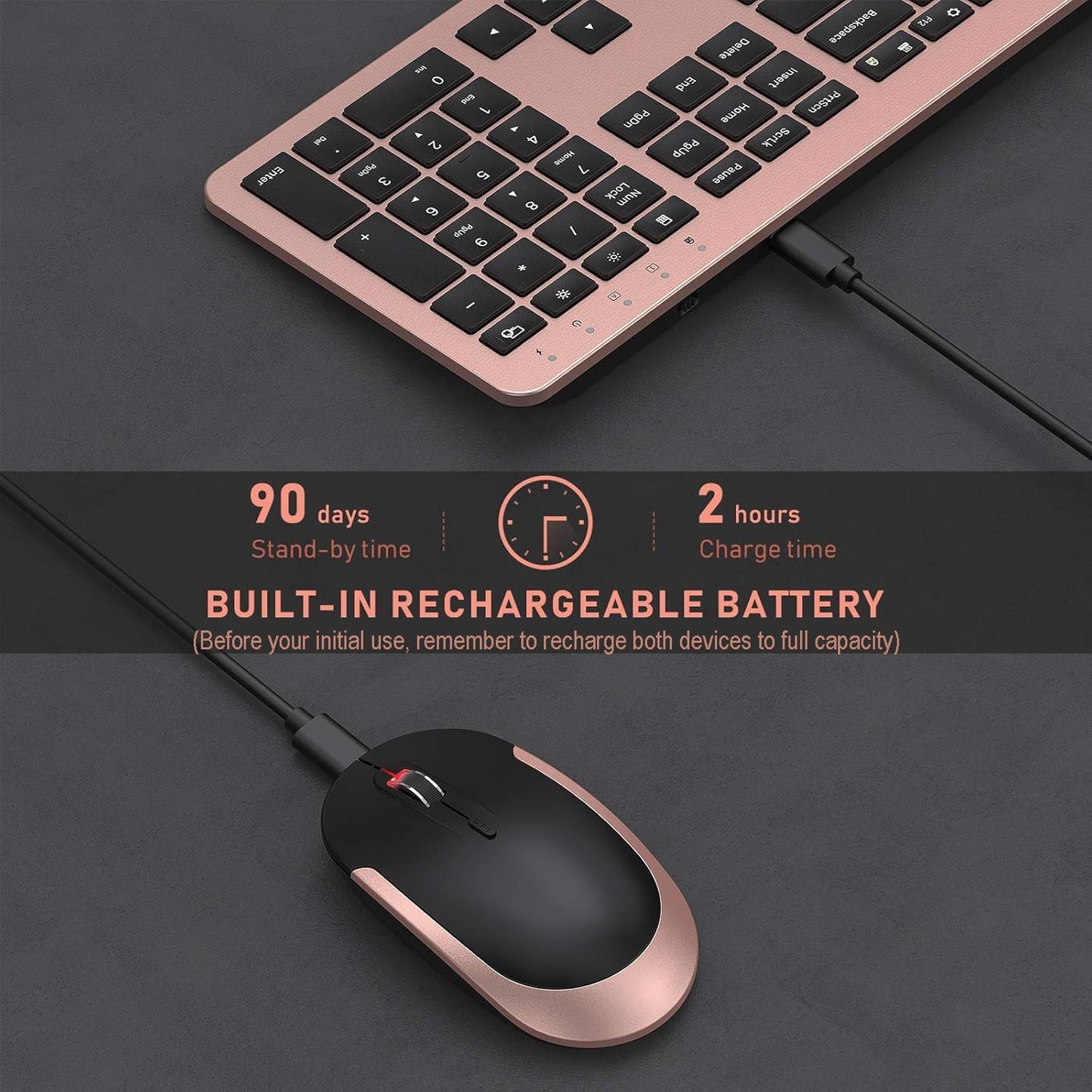 Rechargeable Wireless Keyboard Mouse Combo Full Size Cordless Keyboard & Mouse Sets with Build-In Lithium Battery Ultra Thin Quiet Keyboard Mice (Black and Rose Gold)