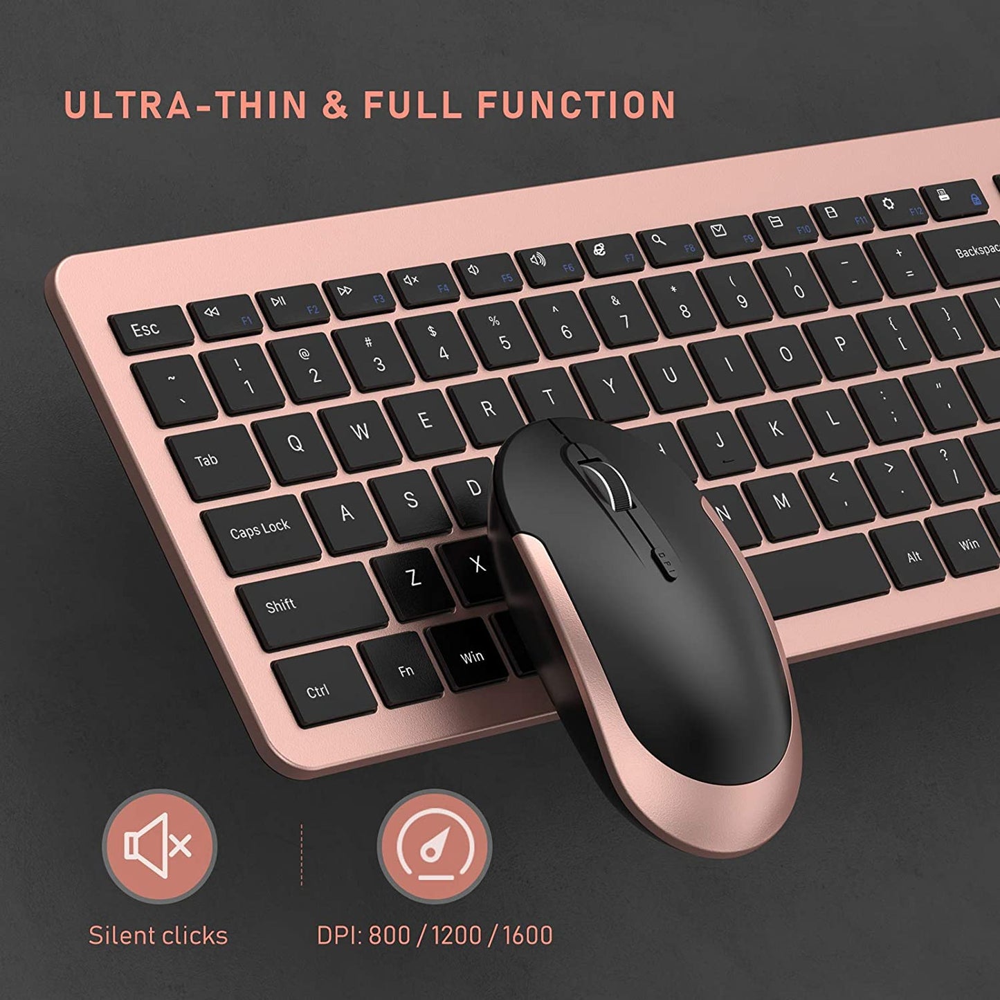 Rechargeable Wireless Keyboard Mouse Combo Full Size Cordless Keyboard & Mouse Sets with Build-In Lithium Battery Ultra Thin Quiet Keyboard Mice (Black and Rose Gold)