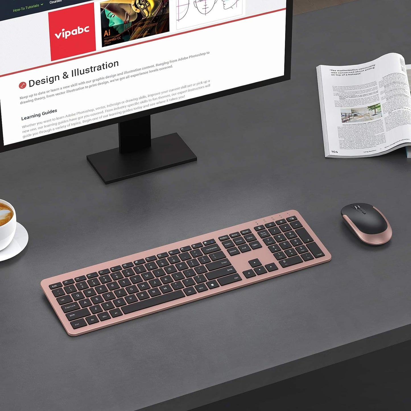 Rechargeable Wireless Keyboard Mouse Combo Full Size Cordless Keyboard & Mouse Sets with Build-In Lithium Battery Ultra Thin Quiet Keyboard Mice (Black and Rose Gold)