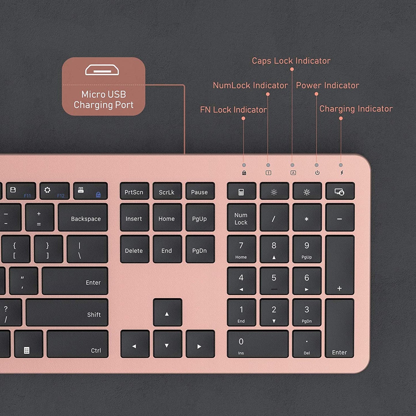 Rechargeable Wireless Keyboard Mouse Combo Full Size Cordless Keyboard & Mouse Sets with Build-In Lithium Battery Ultra Thin Quiet Keyboard Mice (Black and Rose Gold)