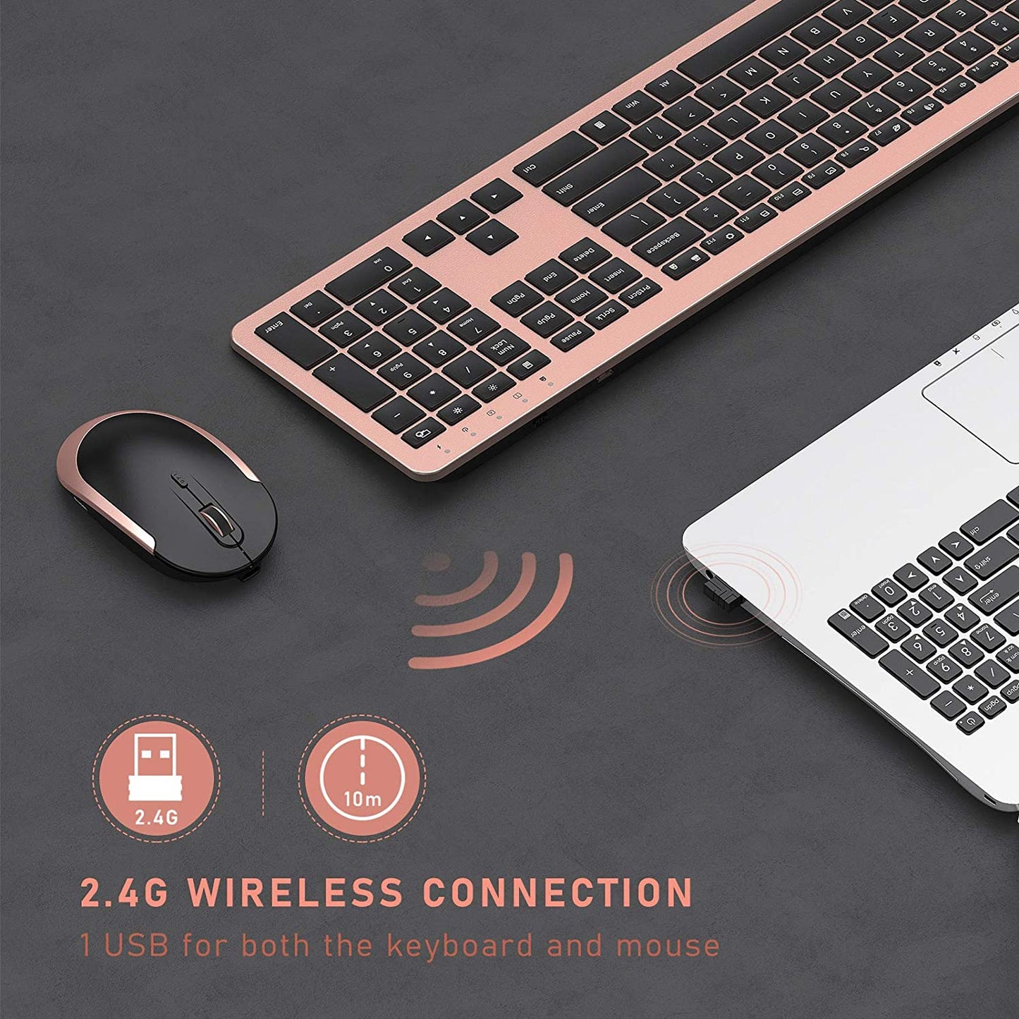 Rechargeable Wireless Keyboard Mouse Combo Full Size Cordless Keyboard & Mouse Sets with Build-In Lithium Battery Ultra Thin Quiet Keyboard Mice (Black and Rose Gold)